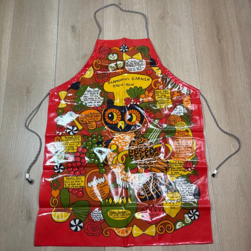 Vintage Erika Glamorous Garnish Know-How Owl Apron Red Retro Kitsch Wipeable
